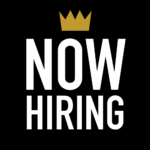 Black background with a yellow crown that says "Now Hiring"